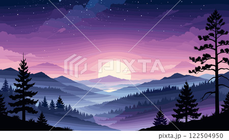 Starry Night Over Silhouetted Mountain Landscape 122504950