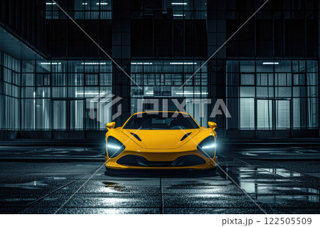 Sleek yellow vehicle on the parking at night, futuristic transport concept. 122505509