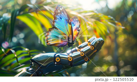 The butterfly on a hand of the robot against a natural background. 122505510