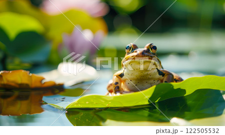 The frog basks in the sun sitting on a green lotus leaf. 122505532