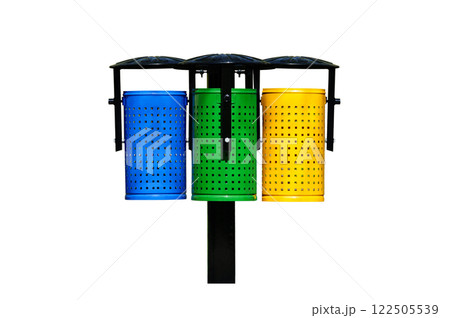 multicolor recycle bins for separate type of waste recycle isolated on white background 122505539