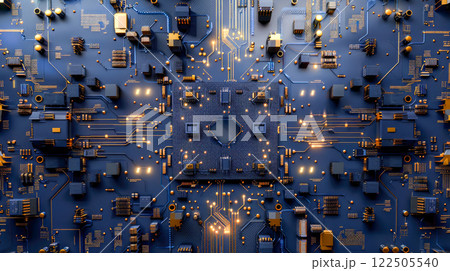 Blue electronic circuit board close-up view. Computer technology background. 122505540