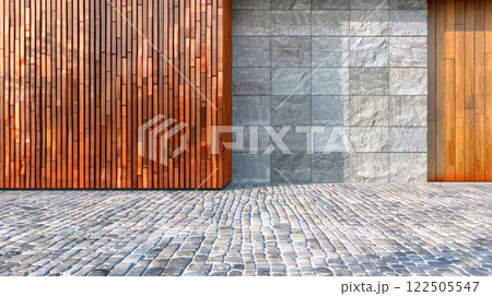 Exterior of modern house with decorative wooden panels on wall and cobblestone path. 122505547