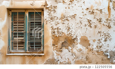 House facade with old wooden window on moldy wall. 122505556