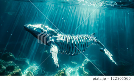 Whale skeleton swimming underwater in a deep blue ocean. 122505560