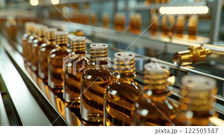 Glass vials containing clear liquid travel along a conveyor belt in a sterile pharmaceutical environment. 122505587