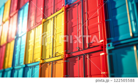 Selective focus on a stack of color shipping containers. 122505588