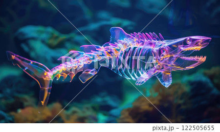 Neonic shark skeleton swimming underwater in a sea. 122505655