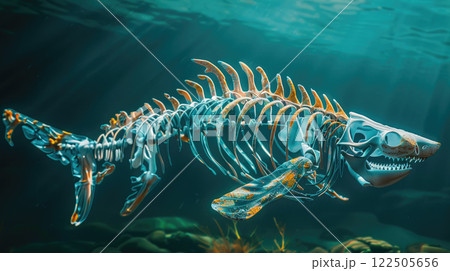 Shark skeleton swimming underwater in a sea. 122505656