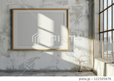 Simple minimalist aesthetic frame mockup poster hanging on the wall lit by sunlight. 122505676
