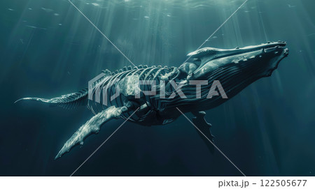 Whale skeleton swimming underwater in a deep blue sea. 122505677