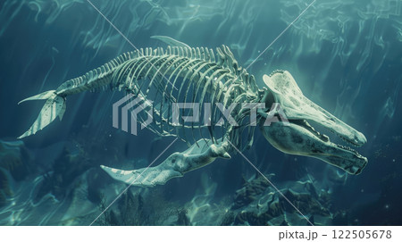 Whale skeleton swimming underwater in a sea. 122505678