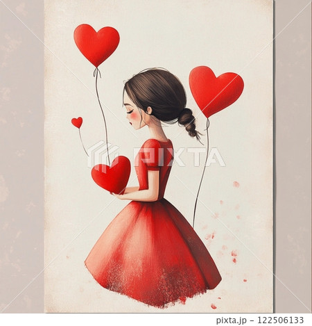 Vintage postcard, beautiful in love girl in dress with red hearts on background, birthday card, wedding card, atmosphere of love devotion happiness romance nostalgia Vintage postcard, beautiful in love girl in dress with red hearts on background, birthday card, wedding card, atmosphere of love devotion happiness romance nostalgia 122506133