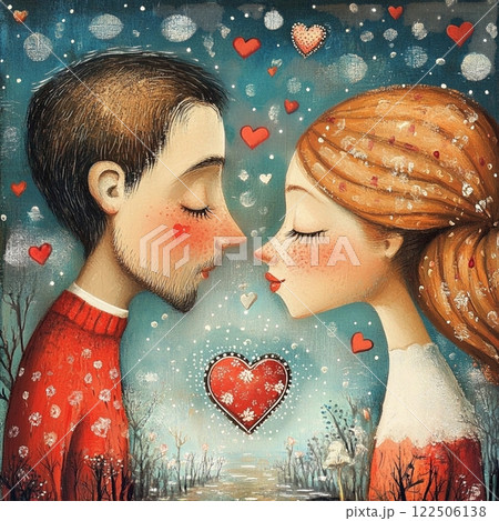 Vintage postcard, for couple in love, woman and man in love, young couple with red hearts on background, birthday card, wedding card, atmosphere of love devotion happiness romance nostalgia  122506138