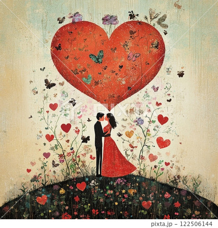 Vintage postcard, for couple in love, woman and man in love, young couple with red hearts on background, birthday card, wedding card, atmosphere of love devotion happiness romance nostalgia  Vintage postcard, for couple in love, woman and man in love, young couple with red hearts on background, birthday card, wedding card, atmosphere of love devotion happiness romance nostalgia  122506144