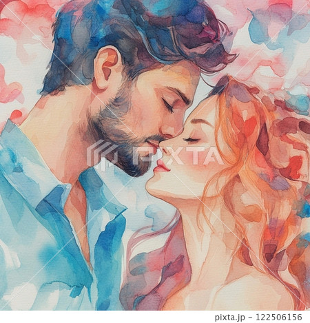 Vintage postcard, for couple in love, woman and man in love, young couple with red hearts on background, birthday card, wedding card, atmosphere of love devotion happiness romance nostalgia  122506156