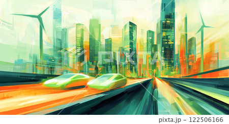 Energy Saving Concept. Futuristic cityscape with illuminated skyscrapers, wind turbines, and a sustainable design theme. 122506166