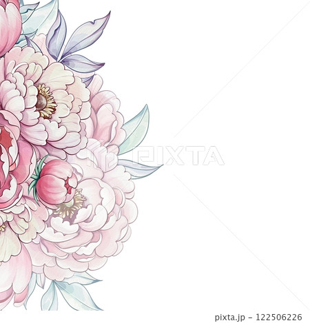 A vibrant display of peonies in soft pinks and greens, artistically captured in delicate watercolor, exuding charm and tranquility template, background 122506226