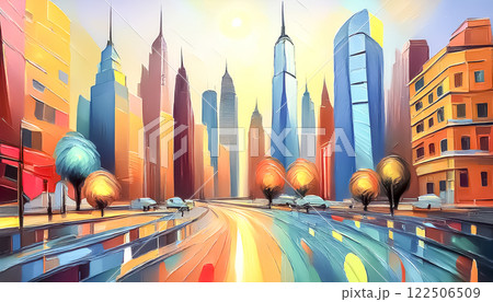 油絵具で描かれた高層ビルが見える風景のイメージ素材 122506509