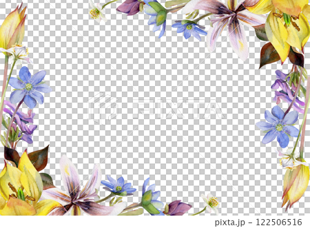 Spring flowers, yellow tulip, white forest anemone, trout lily, blue hepatica forget-me-not, purple corydalis hand drawn in watercolor. Border frame illustration for wedding, florist shop, stationery Spring flowers, yellow tulip, white forest anemone, trout lily, blue hepatica forget-me-not, purple corydalis hand drawn in watercolor. Border frame illustration for wedding, florist shop, stationery 122506516