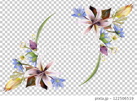 Spring flowers, yellow tulip, fawn trout lily, white forest anemone primrose, blue hepatica forget-me-not, hand drawn in watercolor. Wreath frame illustration isolated on white. Wedding, florist shop 122506519