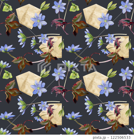 Spring forest ephemera flowers, blue hepatica liverwort forget-me-not anemone primrose in craft mail envelope, watercolor hand drawn. Seamless pattern illustration. Wedding, florist shop, stationery Spring forest ephemera flowers, blue hepatica liverwort forget-me-not anemone primrose in craft mail envelope, watercolor hand drawn. Seamless pattern illustration. Wedding, florist shop, stationery 122506533