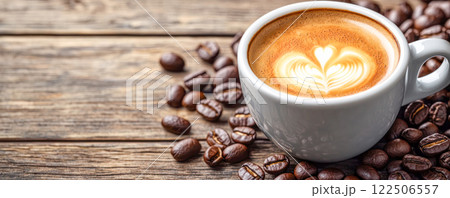 Close-up of a cappuccino with latte art in a white cup surrounded by coffee beans on a rustic wooden table. 122506557