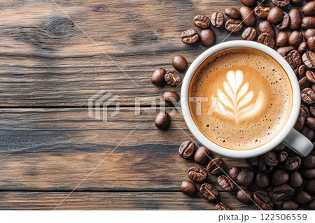 Close-up of a cappuccino with latte art in a white cup surrounded by coffee beans on a rustic wooden table. 122506559