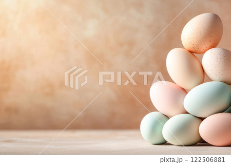 A pastel-colored stack of eggs arranged in a pyramid on a beige textured surface with soft warm lighting. 122506881