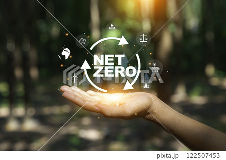 Net Zero Carbon Emission icon in hand on green nature background, Innovation Inspiration Concept, Net zero emission Idea innovative carbon neutrality in 2050. Green Background Net Zero Carbon Emission icon in hand on green nature background, Innovation Inspiration Concept, Net zero emission Idea innovative carbon neutrality in 2050. Green Background 122507453
