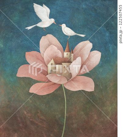 水彩絵の具で描いた白い鳥とピンクの花の家のイラストレーション 122507455