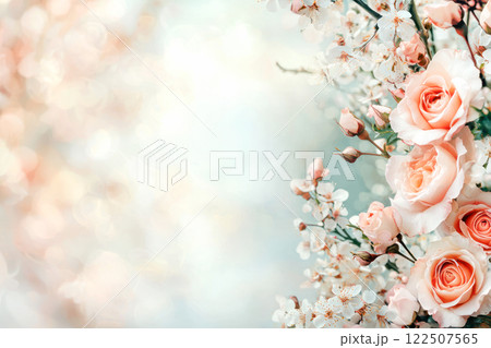 Soft floral arrangement with peach roses, white blossoms, and delicate buds on a dreamy pastel background with bokeh. Soft floral arrangement with peach roses, white blossoms, and delicate buds on a dreamy pastel background with bokeh. 122507565