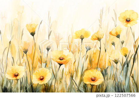 Watercolor meadow with vibrant yellow wildflowers and delicate green stems against a soft light background. Watercolor meadow with vibrant yellow wildflowers and delicate green stems against a soft light background. 122507566