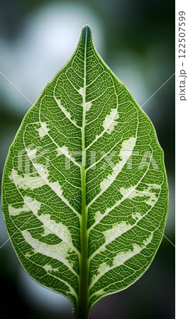 Close-Up of a Variegated Green Leaf with Detailed Vein Structure 122507599