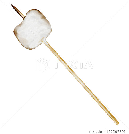 Marshmallow on a wooden stick watercolor. Hand drawn sweet caffeta on a skewer on an isolated white background. Clip art in camp and barbecue style. Ideal for marshmallow packaging Marshmallow on a wooden stick watercolor. Hand drawn sweet caffeta on a skewer on an isolated white background. Clip art in camp and barbecue style. Ideal for marshmallow packaging 122507801