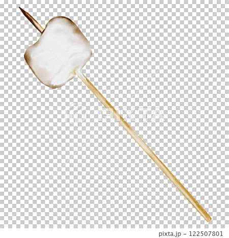 Marshmallow on a wooden stick watercolor. Hand drawn sweet caffeta on a skewer on an isolated white background. Clip art in camp and barbecue style. Ideal for marshmallow packaging Marshmallow on a wooden stick watercolor. Hand drawn sweet caffeta on a skewer on an isolated white background. Clip art in camp and barbecue style. Ideal for marshmallow packaging 122507801