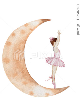 Ballerina watercolor. Hand drawn incredible girl dancer in pink tutu skirt on the moon. Clip art on isolated white background of cute ballet beauty. Perfect for poster and cards, princess daughter 122507804