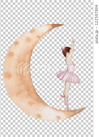 Ballerina watercolor. Hand drawn incredible girl dancer in pink tutu skirt on the moon. Clip art on isolated white background of cute ballet beauty. Perfect for poster and cards, princess daughter 122507804