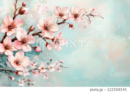 Elegant painting of blooming cherry blossoms on branches against a soft blue background with copy space. 122508545