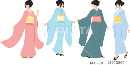 浴衣(着物)を着た女性のイラストセット 浴衣(着物)を着た女性のイラストセット 122508964