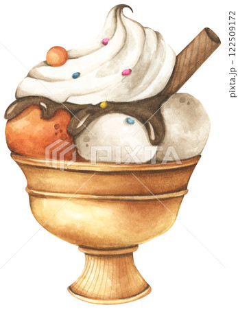 Ice Cream Handpainted Watercolor Design with Fruity and Creamy Flavors Ice Cream Handpainted Watercolor Design with Fruity and Creamy Flavors 122509172