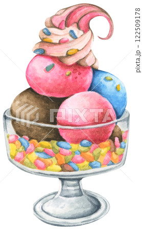 Ice Cream Handpainted Watercolor Design with Fruity and Creamy Flavors Ice Cream Handpainted Watercolor Design with Fruity and Creamy Flavors 122509178