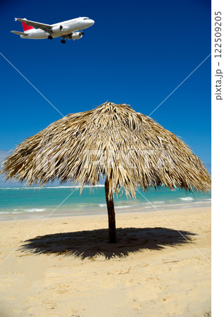 Parasol on beach and plane 122509205
