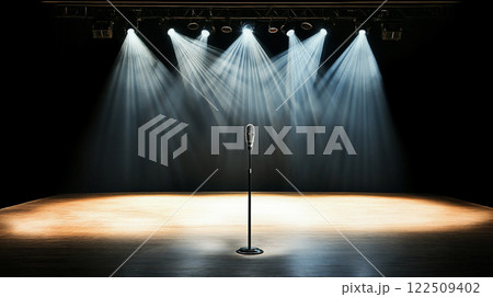 ステージとスポットライトの当たるマイクスタンド 122509402