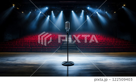 ステージとスポットライトの当たるマイクスタンド 122509403