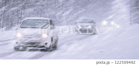 Challenging Snowy Winter Driving Conditions Occur Due to Icy Roads and Severe Weather, Winter snowstorm, snowfall and ice on roads with strong winds. Poor visibility and dangers on the road, driving Challenging Snowy Winter Driving Conditions Occur Due to Icy Roads and Severe Weather, Winter snowstorm, snowfall and ice on roads with strong winds. Poor visibility and dangers on the road, driving 122509492
