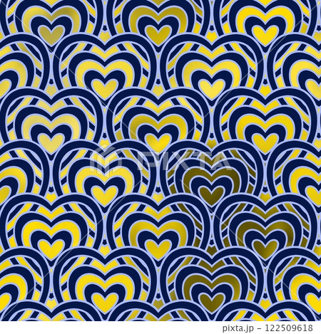 Seamless pattern with dark blue wavy lines in the shape of a heart on a yellow background. 122509618