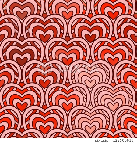 Seamless pattern with pink wavy lines in the shape of a heart on a red background. 122509619