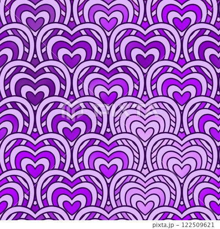 Seamless pattern with violet wavy lines in the shape of a heart on a violet background. 122509621