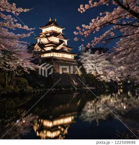 ライトアップされたお城と桜 122509698